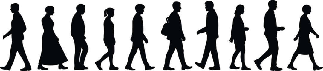 Silhouettes of walking people in profile, diverse clothing, casual and formal figures, commuting, men and women, human motion, everyday activity scene