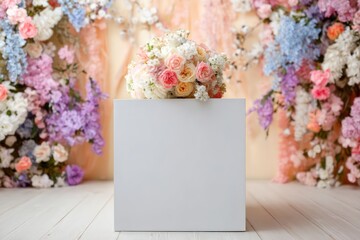 Empty white podium with soft pastel colors and floral backdrop for a fresh, minimalist display.