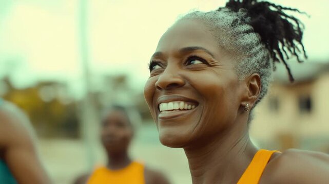 Older woman wearing athletic gear, smiling and laughing as she runs; promoting an active and healthy lifestyle