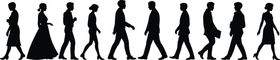 Walking Silhouettes of business people, professionals in motion, side profile, formal clothing, corporate figures, elegant men and women aligned