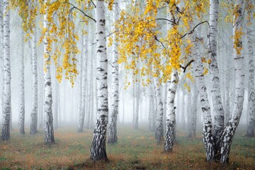 A blurred image of a birch grove in fog during early autumn featuring white trunks and some yellow leaves