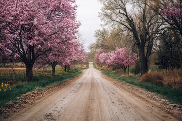 Obraz premium Scenic vacant gravel path bordered by greenery and distant cherry blossoms