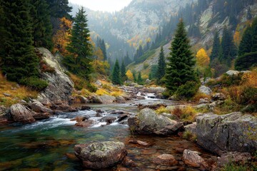 Scenic autumn forest with a mountain stream and rocky shoreline