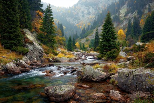 Scenic autumn forest with a mountain stream and rocky shoreline - Powered by Adobe