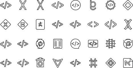 Fototapeta premium Vector art of a set of coding icons isolated on white background presents various symbols related to programming, web development, and scripting