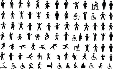Silhouettes of people in diverse actions, wheelchair users, standing figures, walking,jumping,dancing,communicating, healthcare support, movement, flexibility, lifestyle