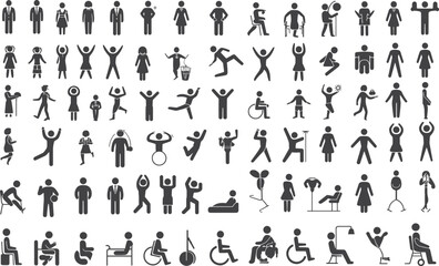 Silhouettes of people in various poses, sitting, standing, jumping, dancing, working, exercising, disabled, celebrating, stretching, healthcare, teamwork, activity