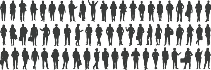 Business people silhouettes, standing, walking, talking, office, teamwork, professional, group, men, women, isolated, black, vector, meeting, discussion,
