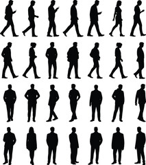 Business people silhouettes, walking, standing, men, women, office, professional, group, isolated, black, vector, urban, modern, communication, teamwork