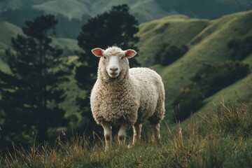 An inquisitive sheep in a vibrant green meadow with trees behind Auckland New Zealand