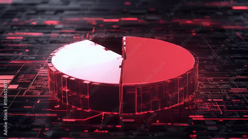Poster abstract pie chart graphic with data visualization. red and black digital circuit board background. 