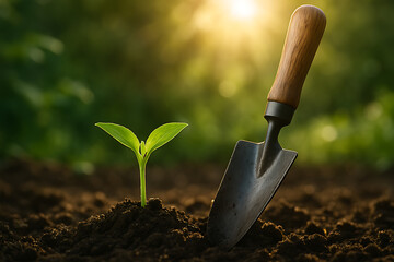 Young Green Seedling Growing in Soil with Garden Trowel at Sunrise
