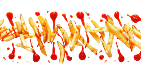 PNG. 30 different images of french fries with ketchup, on a white background, isolated and cut out, in a photorealistic