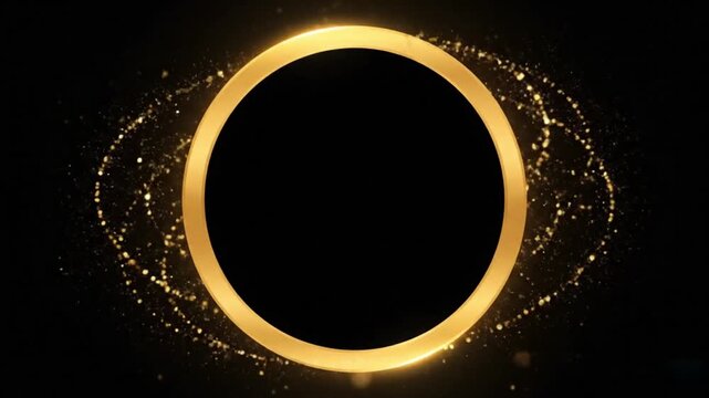 A golden circle frame and glitter shiny gold particles and stars on paper texture background,abstract dotted luxury dark copy space background.
