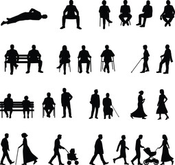 Silhouettes of people sitting, walking, and using mobility aids — inclusive vector figures for accessibility, elderly, and everyday scenes