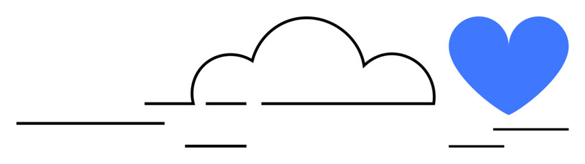 Black outlined cloud with a vibrant blue heart floating beside, expressing unity, care, and uplifting emotions. Ideal for technology, nature, well-being, relationships, environmental care