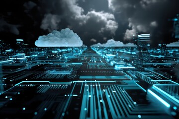 High-tech digital environment with circuit boards, data streams, and cloud computing visualizations.