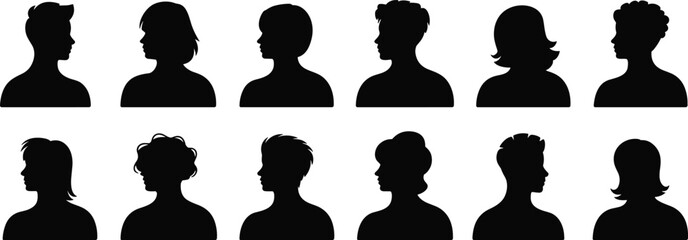 Headshot silhouettes of men and women with various hairstyles — profile bust illustrations for avatars, IDs, or design projects