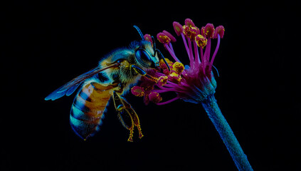 Obraz premium Close-up image of a honey bee holding the stamens to collect honey, set against a dark background, detailed macro shot, vibrant natural colors, insect behavior, pollination process.