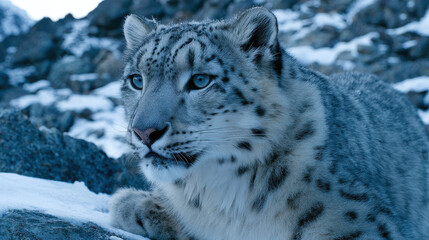 Obraz premium Snow leopard in snowy mountain landscape, showcasing its beautiful fur and piercing eyes, embodying grace and strength in wild