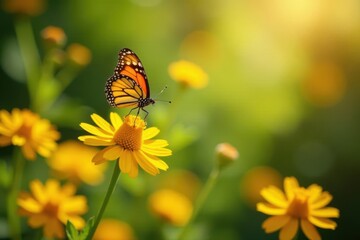 Orange monarchs flutter above bright yellow blossoms, soft sunlight , flying, pollinating