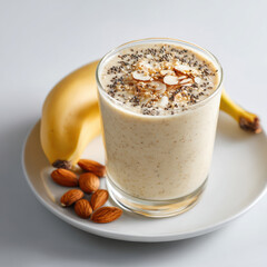 Creamy banana smoothie topped with chia seeds, almonds, and oats, served in glass with banana and almonds on side, perfect for healthy snack