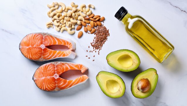 Healthy food ingredients including salmon avocado nuts flax seeds and oil - Powered by Adobe
