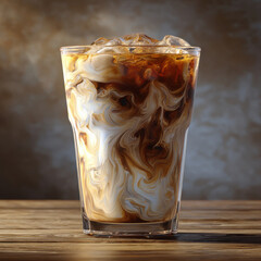 Creamy iced coffee swirls beautifully in glass, showcasing rich colors and textures, perfect for refreshing drink