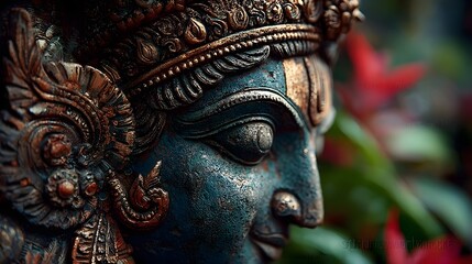 Fototapeta premium Close Up of Artistic Bronze and Copper Hindu Goddess Statue with Intricate Details in Vibrant Colors