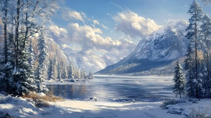 A scenic winter view of a lake surrounded by mountains