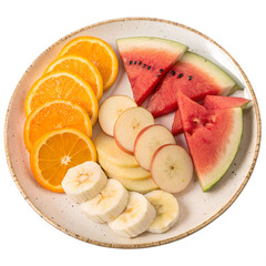 Orange watermelon apple banana slices on plate fruit