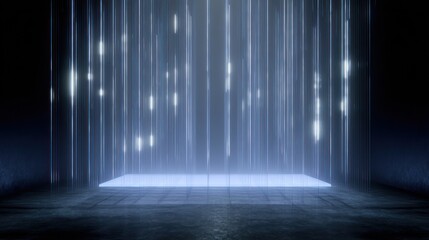Abstract light installation with vertical lines and a glowing platform in a dark space setting