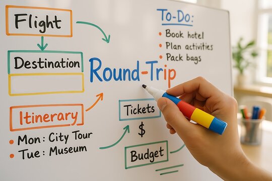 A hand uses a marker to plan a colorful round-trip vacation checklist with flight and itinerary.