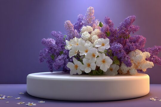 Lilacs and white flowers on a white round display stand