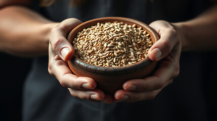 Hands gently holding a wooden bowl overflowing with healthy flax seeds against a dark background