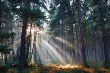 Fototapeta premium Sunlight filtering through the pine woods at dawn