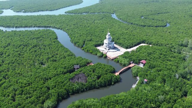 Aerial View of Southeast Asia&rsquo;s Largest Mangrove Forest and Landmark Tower in Langsa, Aceh, Indonesia