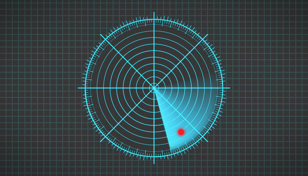 Illustration of a radar screen in blue with scanning beam on dark background - virtual dashboard interface.