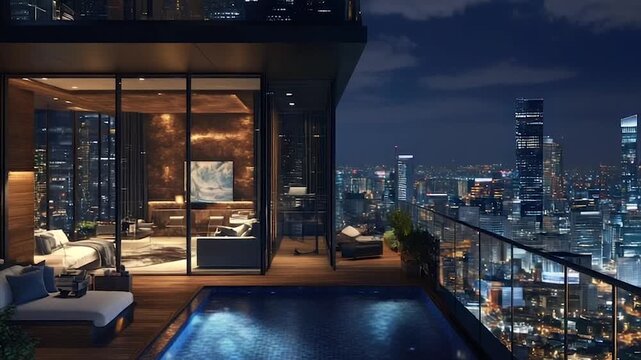 Night view from a penthouse suite with private pool and city skyline
