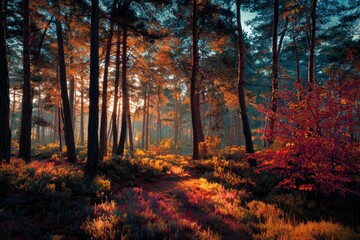 Fototapeta premium sunset lit autumn forest scene