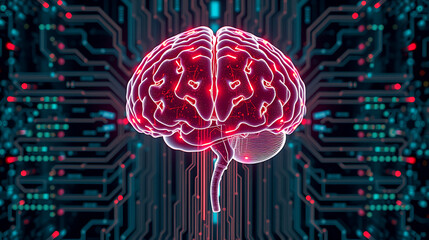 Glowing human brain illustration against a circuit board background representing artificial intelligence