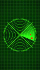 Vertical illustration of a radar screen in green with scanning beam on dark background - virtual dashboard interface.