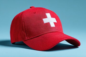 Swiss flag design baseball cap in red closely shot against a blue backdrop