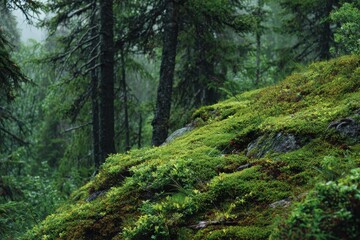 Scenic taiga setting featuring vibrant vegetation on a mossy incline Close up of green grass amidst dense mosses on a mountainside Lush green forest scene with abundant moss W