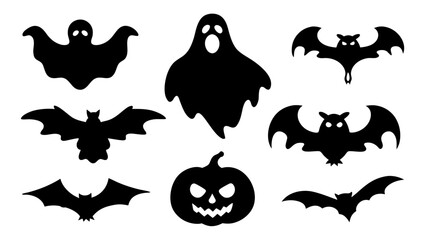 Halloween ghosts and bat silhouette