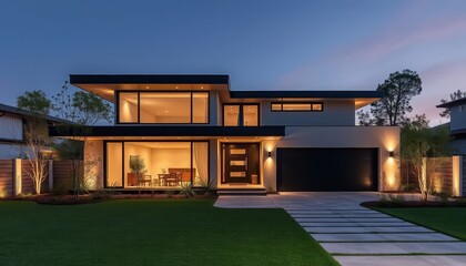  Discover the Elegance of This Modern Minimalist Home at Dusk with Stunning Interior Lighting and Clean, Curated Landscaping