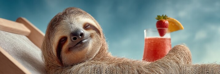 National Stay Out Of The Sun Day Sloth Lounging Poolside with Tropical Cocktail, Premium Summer Vacation Relaxation for Millennials and Social Media Marketing