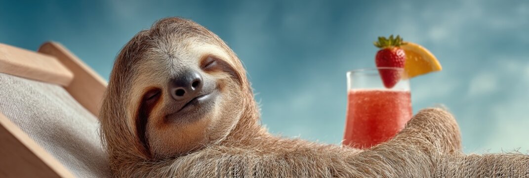 National Stay Out Of The Sun Day Sloth Lounging Poolside with Tropical Cocktail, Premium Summer Vacation Relaxation for Millennials and Social Media Marketing