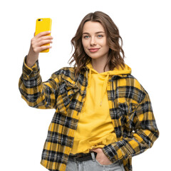Young Woman Taking a Selfie with Yellow Phone and Plaid Shirt