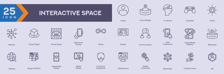 Interactive Space icons collection vector images in outline style.
containing several avatar, virtual reality, vr helmet, controller, portal, network, virtual object.
for Web and application icons.